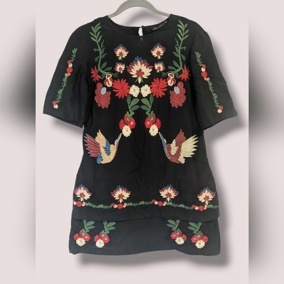 Zara Floral Birds Embroidered Silk Blend Tiered Mini Dress Feminine Bohemian - Picture 2 of 15